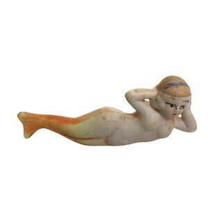 Vintage Japanese Nude Bathing Mermaid Figurine – Hand-Painted Orange Fin, 3.5”